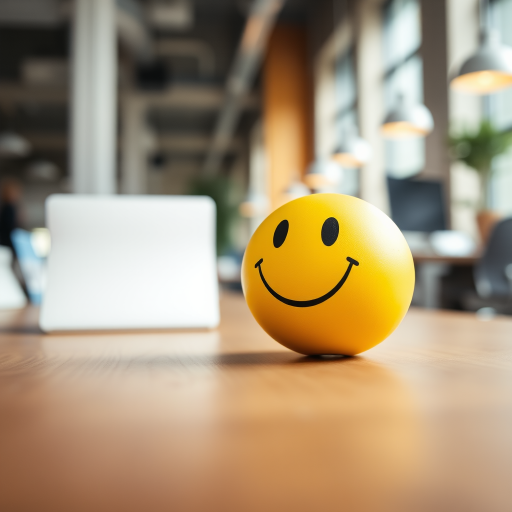 a close-up shot of a smiling yellow stress ball on a wooden table in a bright office environment, shallow depth of field, f/2.8, 50mm lens, ISO 100, natural light, soft focus background