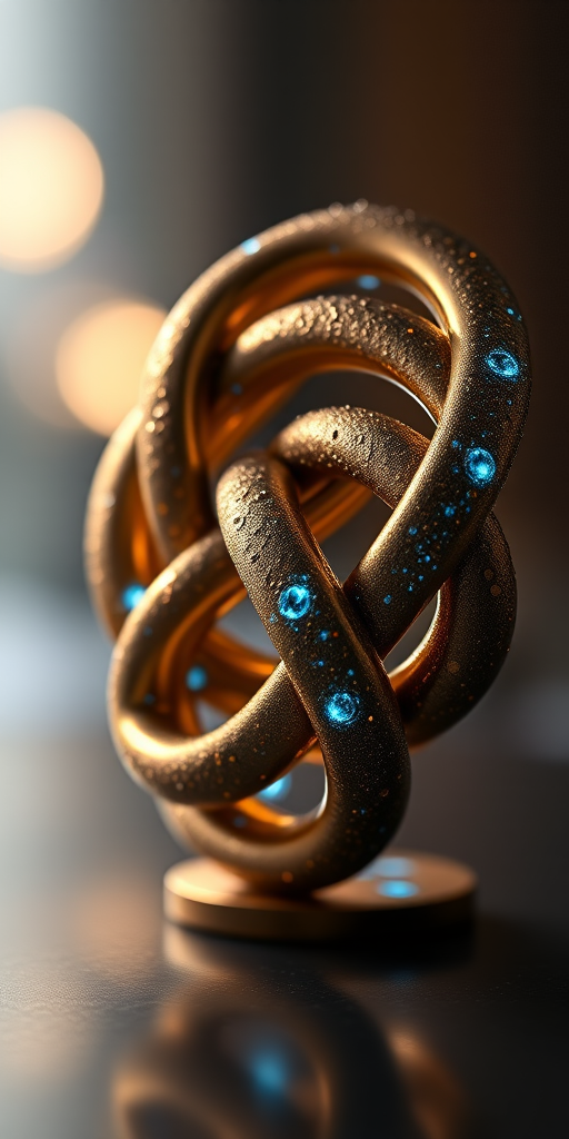 highly detailed 3D rendering of an intricate infinity knot sculpture intertwined with glowing blue and gold elements, soft focus background, illuminated with dramatic lighting, camera settings: ISO 100, f/8, exposure time 1/125s, camera view: close-up, camera style: macro photography, camera type: DSLR