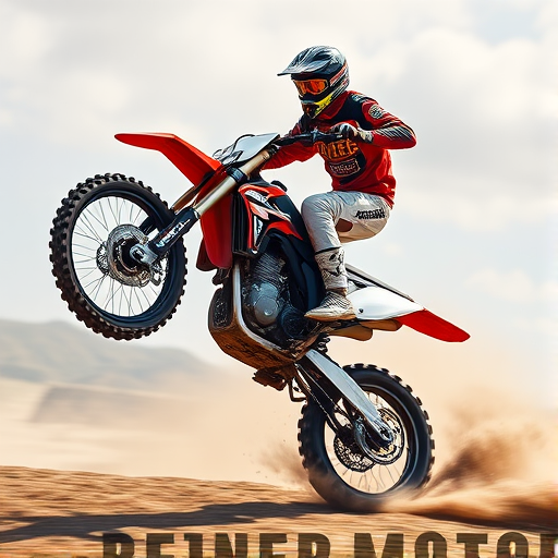 Create an action-packed illustration of a motocross rider performing a wheelie, in a dynamic pose with dust and motion effects, using a DSLR camera with a 50mm lens, aperture f/1.8, shutter speed 1/1000s, ISO 100, natural lighting, from a low angle view, emphasizing the rider's gear and bike details, with a slight motion blur to convey speed.