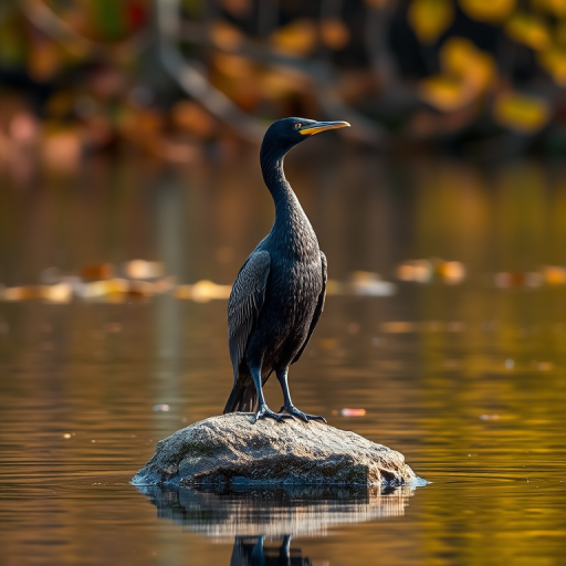 A cormorant standing on a rock in a serene body of water surrounded by autumn foliage reflections, shot with a Canon EOS R5, 85mm lens, f/4 aperture, ISO 200, 1/250s shutter speed, in natural light, focusing on the bird with a blurred background for enhanced image quality.