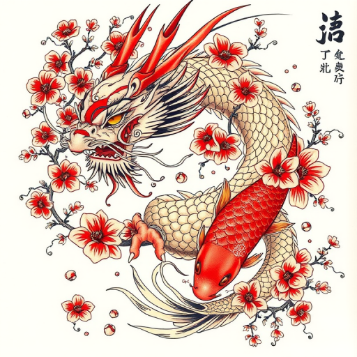 Japanese-inspired irezumi tattoo featuring a fierce dragon entwined with cherry blossoms and koi fish, rendered in bold traditional colors and flowing lines to create a dynamic full-body masterpiece