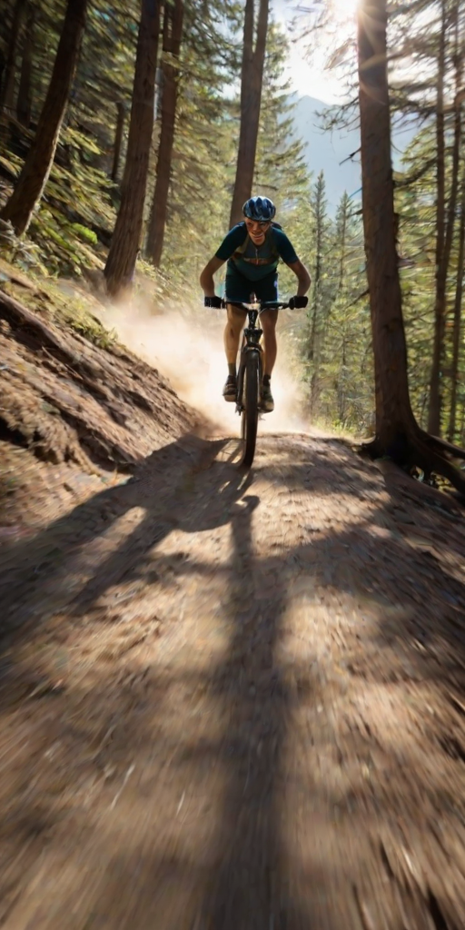 Blurry action shot of a cyclist speeding down a mountain trail, dirt flying up from the tires, intense focus on their face, sunlight filtering through the trees, shadows stretching across the trail, distant mountains visible in the background.
