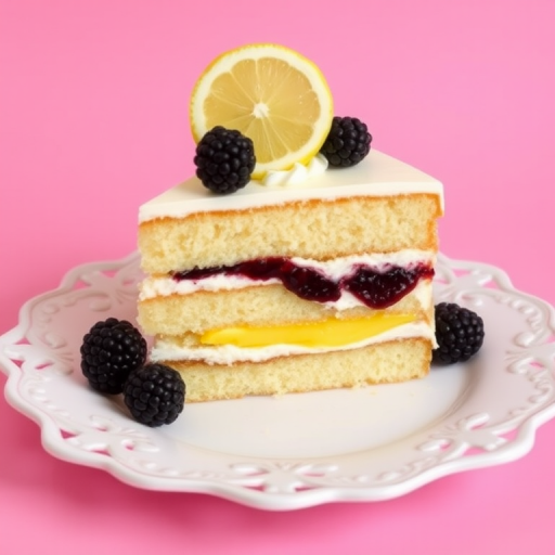 A slice of layered cake with alternating stripes of white cream, yellow filling, and berry jam, garnished with fresh blackberries and a lemon slice, placed on an ornate white plate against a pink background.