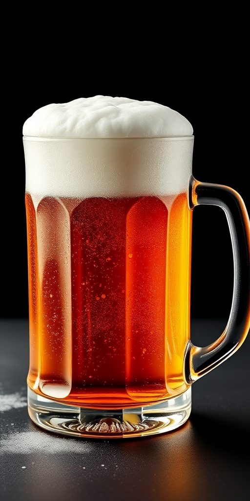 Create a high-resolution digital illustration of a frothy beer mug filled with golden beer, using a DSLR camera effect, 50mm lens, f/2.8 aperture, 1/125 shutter speed, focus on the texture of the foam and beer, with a black background for contrast.