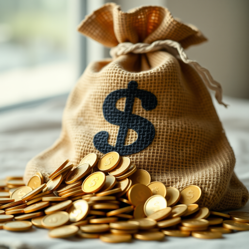 Create a high-resolution image of a burlap money bag overflowing with gold coins, with coins spilling out and a prominent dollar sign, using a DSLR camera with a 50mm lens, aperture f/1.8, ISO 100, taken in natural light from a low angle to create depth and enhance the quality of the image.