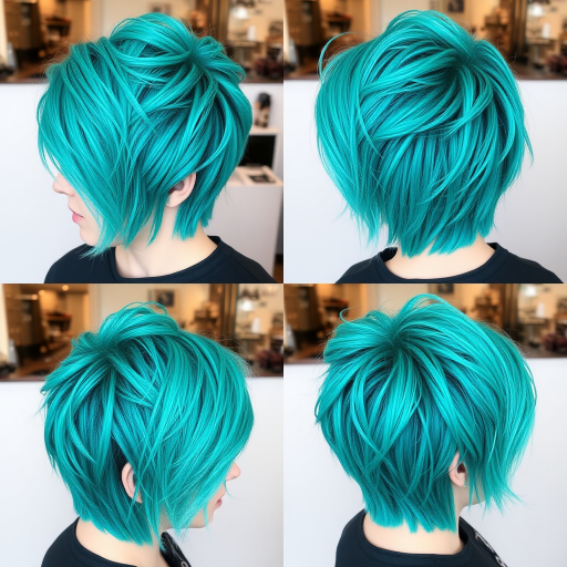 Vibrant teal pixie cut called "Mermaid's Whisper" featuring shimmering highlights and choppy layers, styled with a messy texture and subtle undercut for added edge