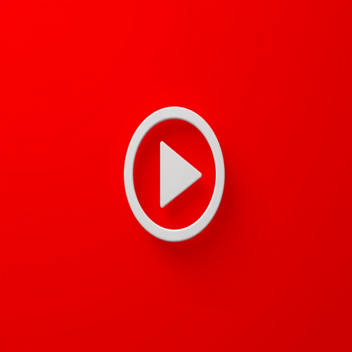 Create a high-resolution image of a play button icon on a bright red background, using a Canon EOS 5D Mark IV camera with a 50mm lens, aperture f/2.8, ISO 100, and a soft focus background effect.