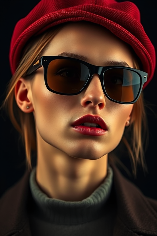 portrait of a model wearing sunglasses and a stylish beret, studio lighting, high contrast, shallow depth of field, Canon EOS R5, 85mm f/1.2 lens, ISO 100, f/2.0, 1/200s