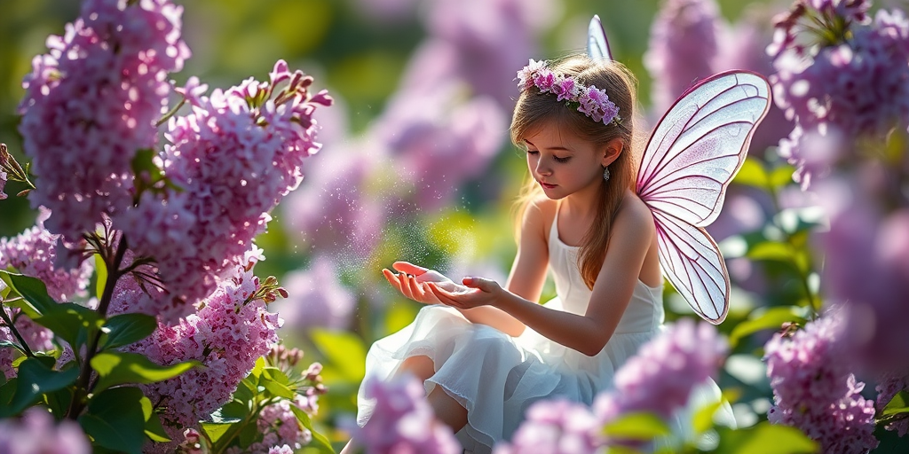 Create a serene image of a fairy sitting among blooming lilac flowers, with sparkling magical dust emanating from her hands, shot with a Canon EOS R5, 50mm lens, f/1.8 aperture, ISO 100, natural soft lighting, and a shallow depth of field to enhance details and colors.
