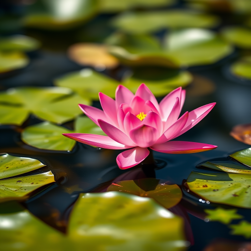 vibrant pink water lily on a serene pond surrounded by green lily pads, natural lighting, shallow depth of field, macro lens, DSLR camera, f/2.8 aperture, 1/200 sec shutter speed, ISO 100, focus on petals with a bokeh background
