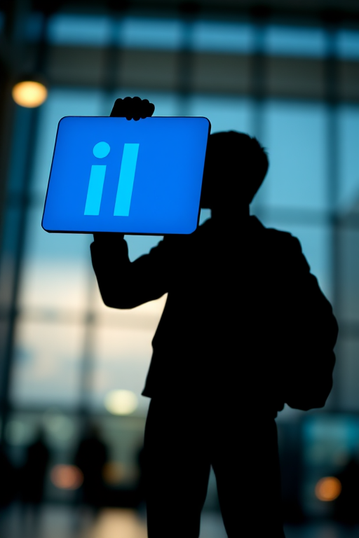 Create a high-resolution digital illustration of a silhouette of a person holding a large blue information icon, use a soft focus effect, shot from a low angle with a 50mm lens, aperture set to f/2.8, 1/100 shutter speed, and ISO 100 for clarity and depth.