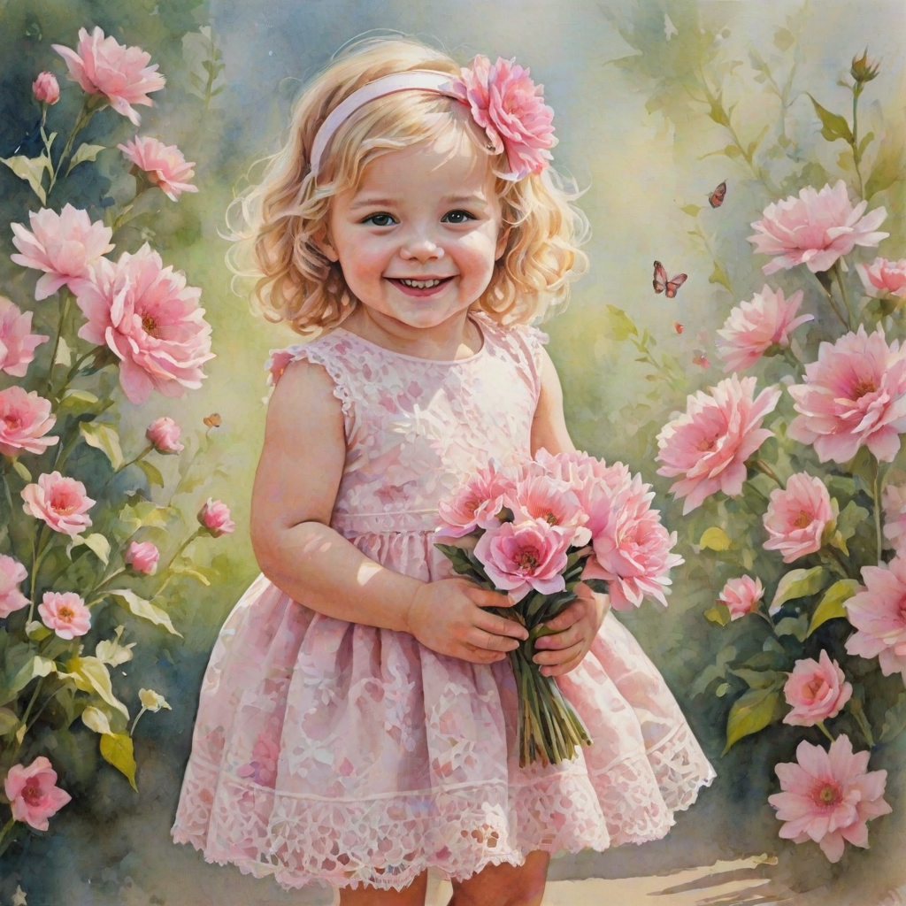 hyperrealism happy smiling toddler girl with messy wavy blonde hair with a headband, she is wearing a pink and white lace dress with pink and white shoes, she is holding a pink bouquet of flowers. Pink flowers and butterflies. summer background. Watercolor Highly detailed