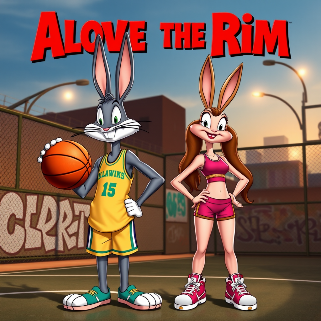 Design an Above the Rim poster featuring Bugs Bunny as Kyle and Lola Bunny as Shep. Bugs is dressed in a basketball jersey and shorts, holding a basketball with a confident expression, while Lola stands beside him in athletic gear, looking determined. The background features an urban basketball court with a wire fence, streetlights, and graffiti. The title "Above the Rim" appears in bold red letters at the top, keeping the original street basketball vibe