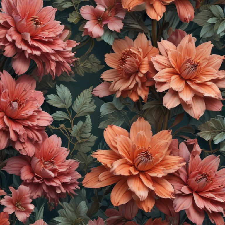 Vibrant Floral Pattern Featuring Lush Coral Blooms and Green Leaves