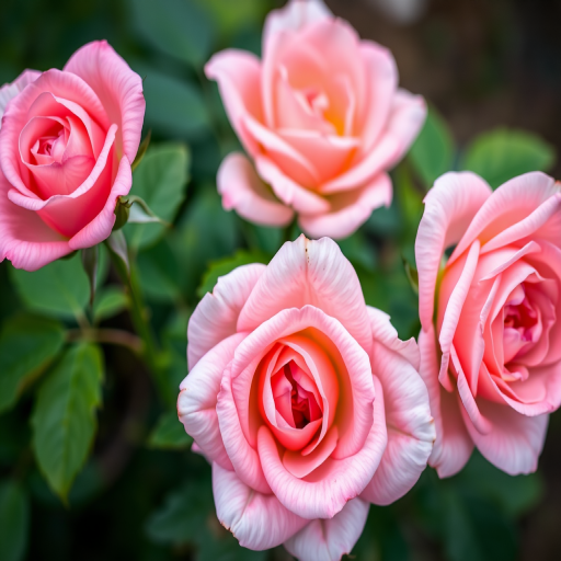 Generate an image of three pink roses with detailed petals and vibrant green leaves, using a macro lens at f/2.8, ISO 100, natural light, taken from a low angle to enhance depth and focus.