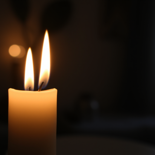 Capture a close-up of a burning white candle in a dimly lit room, using a DSLR camera, 50mm lens, aperture set to f/1.8, ISO 200, with a shallow depth of field to create a soft background blur.