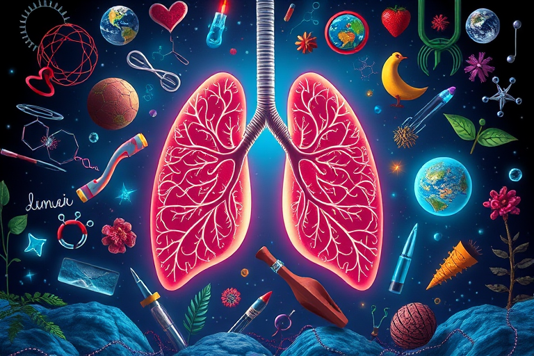Create a surreal illustration featuring a glowing pair of lungs at the center, surrounded by various scientific symbols and objects representing health and nature, shot with a Canon EOS R5, using a 24-70mm f/2.8 lens, at f/4, ISO 100, 1/125s, with a focus on vibrant colors and intricate details in a macro style.
