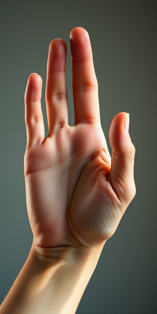 Create a high-resolution image of a realistic human hand in a gentle open position, focus on fine details and textures, use a DSLR camera with a 50mm lens at f/2.8, ISO 100, and a soft diffused natural lighting setup.