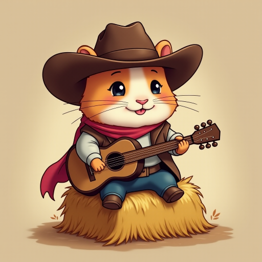 A chibi hamster, dressed as a cowboy, playing guitar, sitting on a hay bale