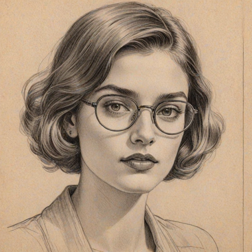 Ravishing Diana Silvers, pencil sketch, portrait of Captivating woman 1927s in glasses, hair style beatnik, outline, clear lines, fine lines, 8k