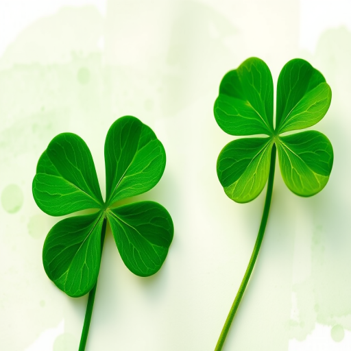 Regenerate a high-resolution illustration of a four-leaf clover and a three-leaf clover placed on a soft watercolor background with a focus on vibrant green shades, taken with a DSLR camera at f/2.8 aperture, 50mm lens, ISO 100, in natural light, with a macro view for detail enhancement.
