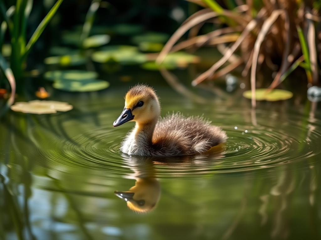 Young gosling swimming in a serene pond surrounded by lush greenery, captured with a Canon EOS R5, 50mm lens, f/2.8 aperture, ISO 100, shutter speed 1/200 sec, in bright natural light, shallow depth of field for soft background blur.