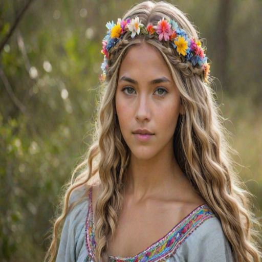 Create an image of a young Quechua woman with long, wavy blonde hair, adorned with small, colorful flowers woven into her braids and loose strands. Her complexion is fair, with soft, glowing skin, and she has light blue eyes that gaze softly at the viewer. She wears a light, flowing dress with a gentle, ethereal quality, complementing her delicate and serene appearance. The background is slightly blurred, drawing focus to her tranquil expression and the intricate details of the flowers in her hair. The overall mood of the image is one of natural beauty and grace, evoking a sense of peacefulness and connection with nature.