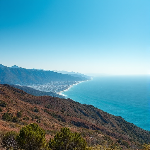 Landscape photograph of a coastal view with mountains and a distant shoreline taken with a Canon EOS 5D Mark IV, 70mm focal length, aperture f/8, ISO 100, using a polarizing filter for enhanced color saturation and contrast, capturing a clear blue sky and rich earth tones.