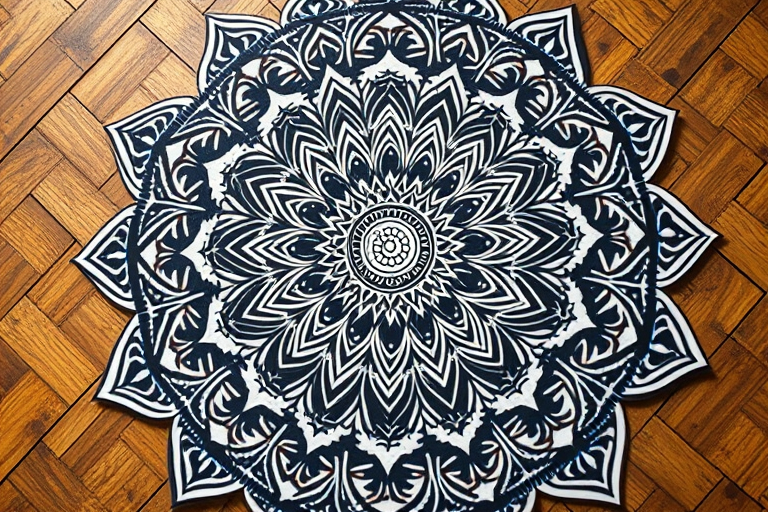 Create a highly detailed mandala with intricate patterns and designs, captured in high resolution using a DSLR camera, 50mm lens, ISO 100, f/8 aperture, top-down view, natural lighting for enhanced contrast and sharpness.