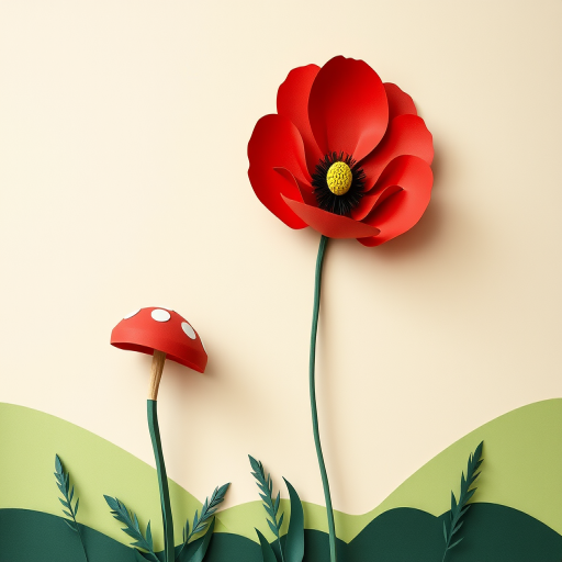Create a vibrant paper art depiction of a large red poppy flower alongside a smaller mushroom, set against a softly curved background with shades of cream and light green, using a DSLR camera, 50mm lens, f/2.8 aperture, ISO 100, with soft natural lighting to enhance the colors and details.