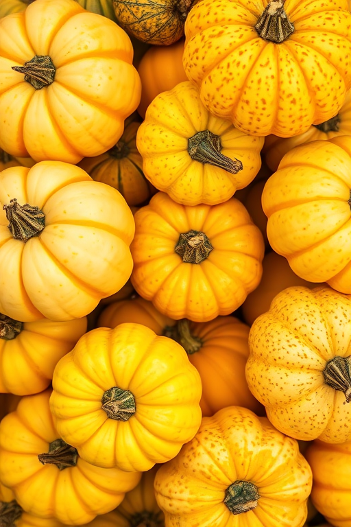 Generate a vibrant still life of assorted yellow striped pumpkins and gourds with a focus on texture and color, using a DSLR camera with a 50mm lens, aperture f/2.8, ISO 200, shot from a top-down view to capture depth and detail.