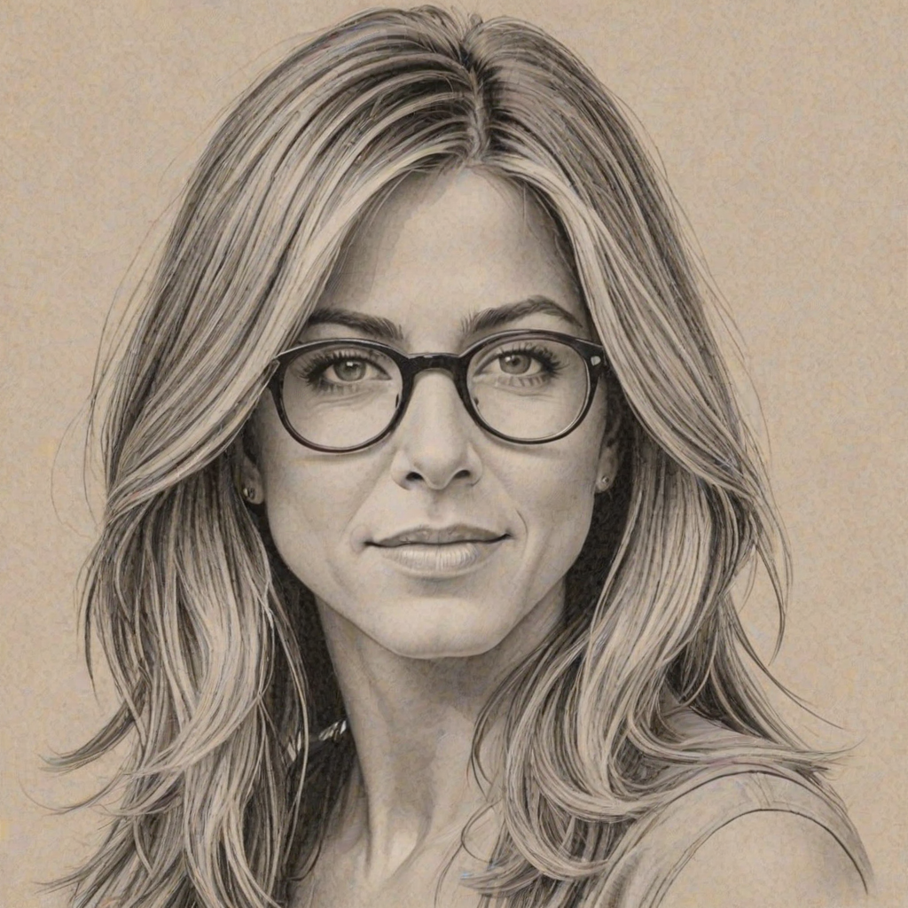 Bewitching Jennifer Aniston, pencil sketch, portrait of Beauteous woman 1945s in glasses, hair style beatnik, outline, clear lines, fine lines, 8k