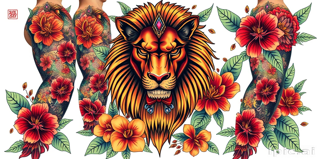 Neo-traditional full sleeve tattoo depicting a fierce lion with a majestic mane, adorned with jewels and surrounded by lush tropical flowers in bold, saturated colors