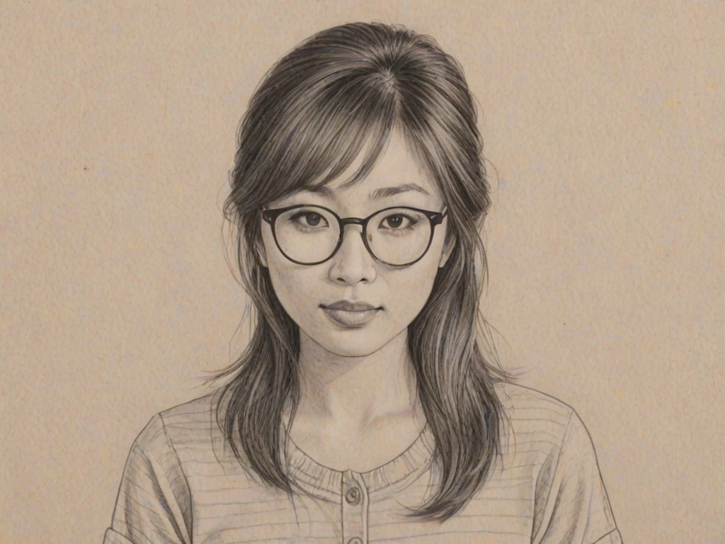 Delightful Brenda Song, pencil sketch, portrait of Pleasing woman 1976s in glasses, hair style beatnik, outline, clear lines, fine lines, 8k