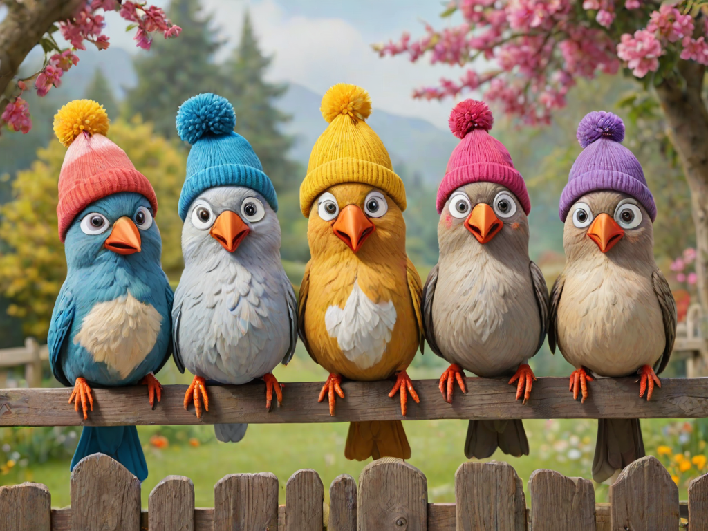 create a scene of 4 quirky  whimsical colourful comical birds each with a funny expression. they are sat on a wooden fence with colourful flowers. they are all different sizes. each one is a different colour  one is wearing a woolly hat. Each one has a different quirky google expression and there is a muted background of trees watercolour paintierly style high definition 8k resolution 3D paper mache