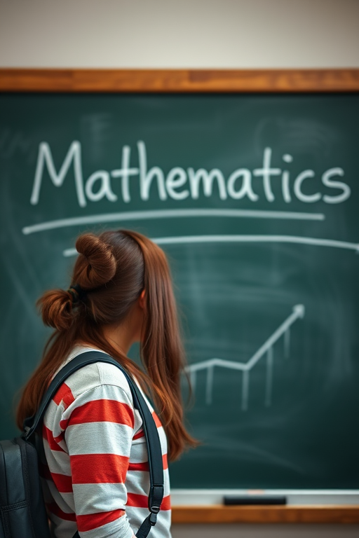 Create an image of a student looking bored at a chalkboard with the word "Mathematics" clearly written, using a DSLR camera with a 50mm lens at f/1.8, ISO 200, shutter speed 1/200, soft lighting, and a slight vignette effect for enhancement.