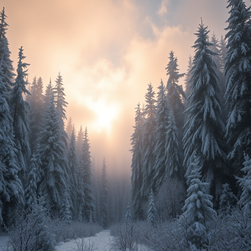 generate a serene winter landscape featuring a dense forest of snow-covered trees under a misty sky with soft clouds and a hint of sunlight filtering through the fog