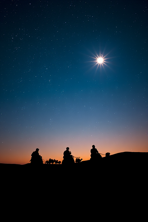 Create a silhouette image of three camels with riders traveling under a starry night sky, featuring a large bright star, captured with a Canon EOS R5 at f/2.8, ISO 800, 50mm lens, with a wide-angle view and high contrast.