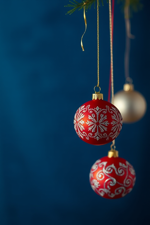 high-resolution image of Christmas ornaments hanging vertically on a dark blue background, soft focus effect, 50mm lens, f/2.8 aperture, shot with a DSLR camera, overhead shot with natural lighting