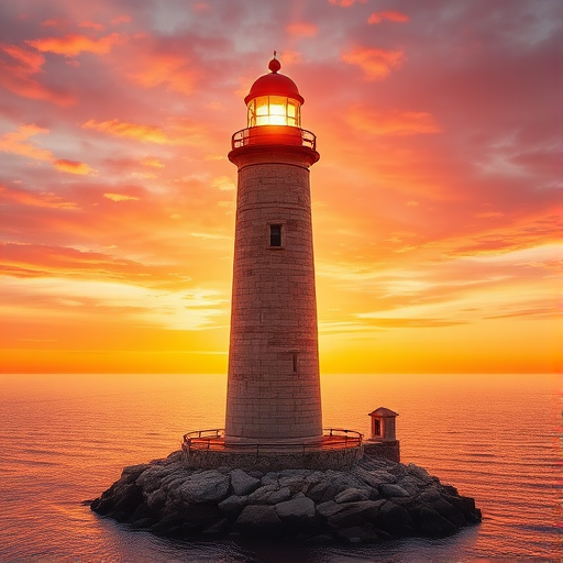 Generate an image of a tall lighthouse perched on a rocky outcrop surrounded by calm ocean waters during a breathtaking sunset. The lighthouse stands sturdy and weathered, its stone surface illuminated by the warm golden light of the setting sun. The sun's rays pass directly through the glass lantern room at the top of the lighthouse, casting a brilliant light across the scene. The sky is painted with vibrant shades of orange, pink, and purple, reflecting off the tranquil sea. The surrounding water shimmers with the same warm hues, creating a serene and majestic atmosphere.