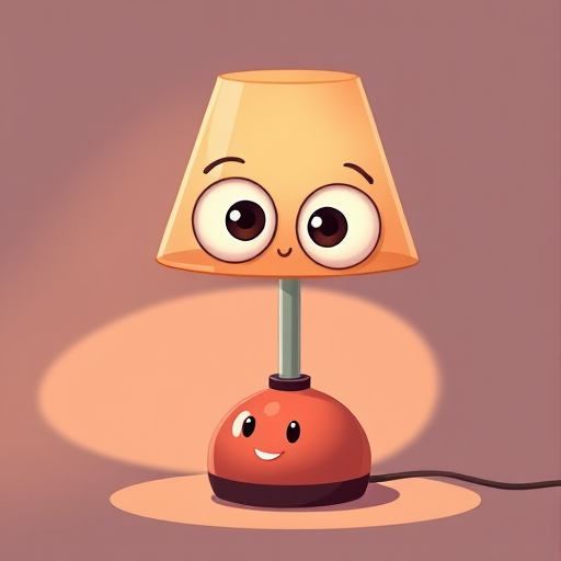 generate a cartoon-style illustration of a quirky lamp with a rounded base and two large eyes, using a Canon EOS 5D Mark IV, 50mm lens, f/1.8 aperture, 1/200s shutter speed, with soft diffused lighting to enhance details and color vibrancy.