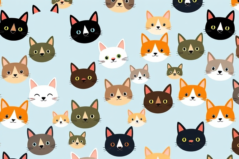 Create a repeating pattern of cartoon cat faces in various colors (white, black, brown, green, orange) on a light blue background, ensuring a balanced distribution of the cat faces, camera type: DSLR, camera settings: f/8, ISO 100, shutter speed 1/125, camera view: top-down, camera style: vibrant and crisp.