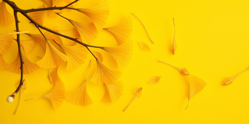 Create a high-resolution image of a soft yellow background with delicate ginkgo leaves scattered across it, using a macro lens with an aperture of f/2.8, at a focal length of 100mm, taken in natural light from a top-down view to enhance details and texture.