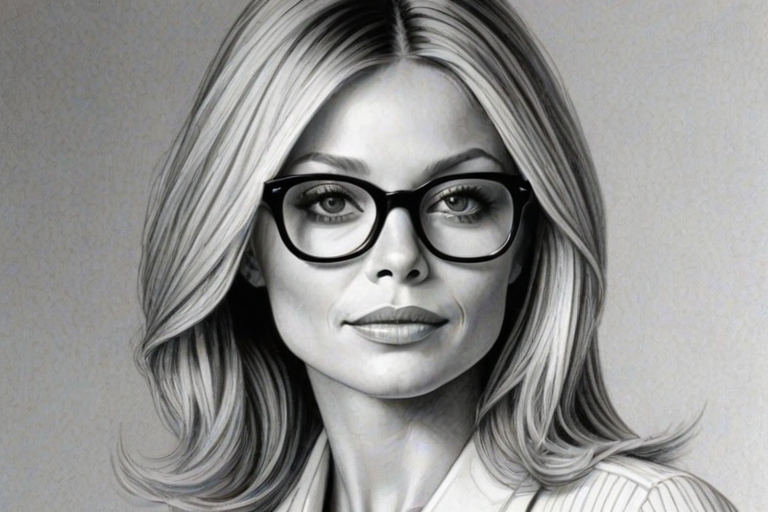 Enchanting Kelly Ripa, pencil sketch, portrait of Splendid woman 1976s in glasses, hair style beatnik, outline, clear lines, fine lines, 8k