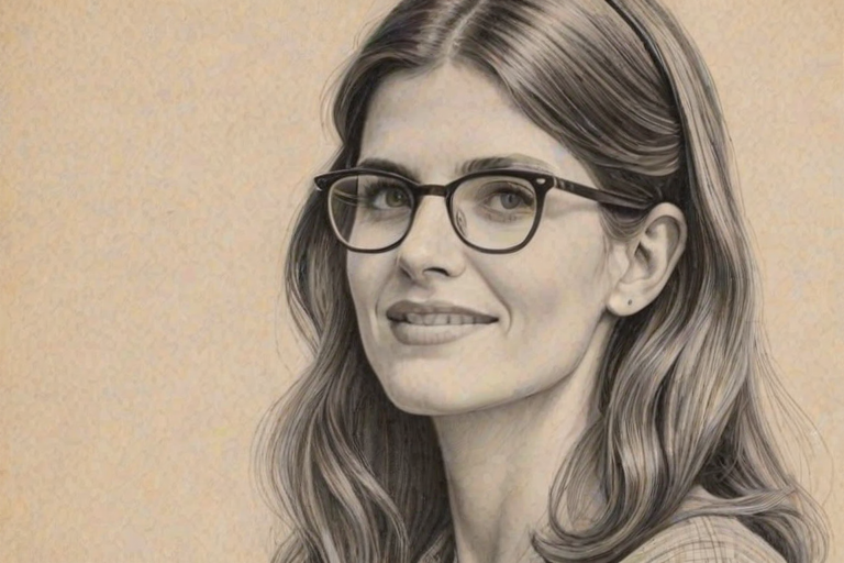 Enticing Lake Bell, pencil sketch, portrait of Delightful woman 1948s in glasses, hair style beatnik, outline, clear lines, fine lines, 8k