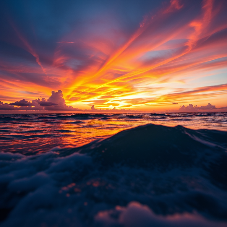 Capture a high-resolution image of a vibrant sunset over the ocean, with vivid colors in the sky and gentle waves in the foreground, using a DSLR camera with a 50mm lens, aperture set to f/1.8, ISO 100, shutter speed 1/200s, shot from a low angle at golden hour to enhance detail and warmth.