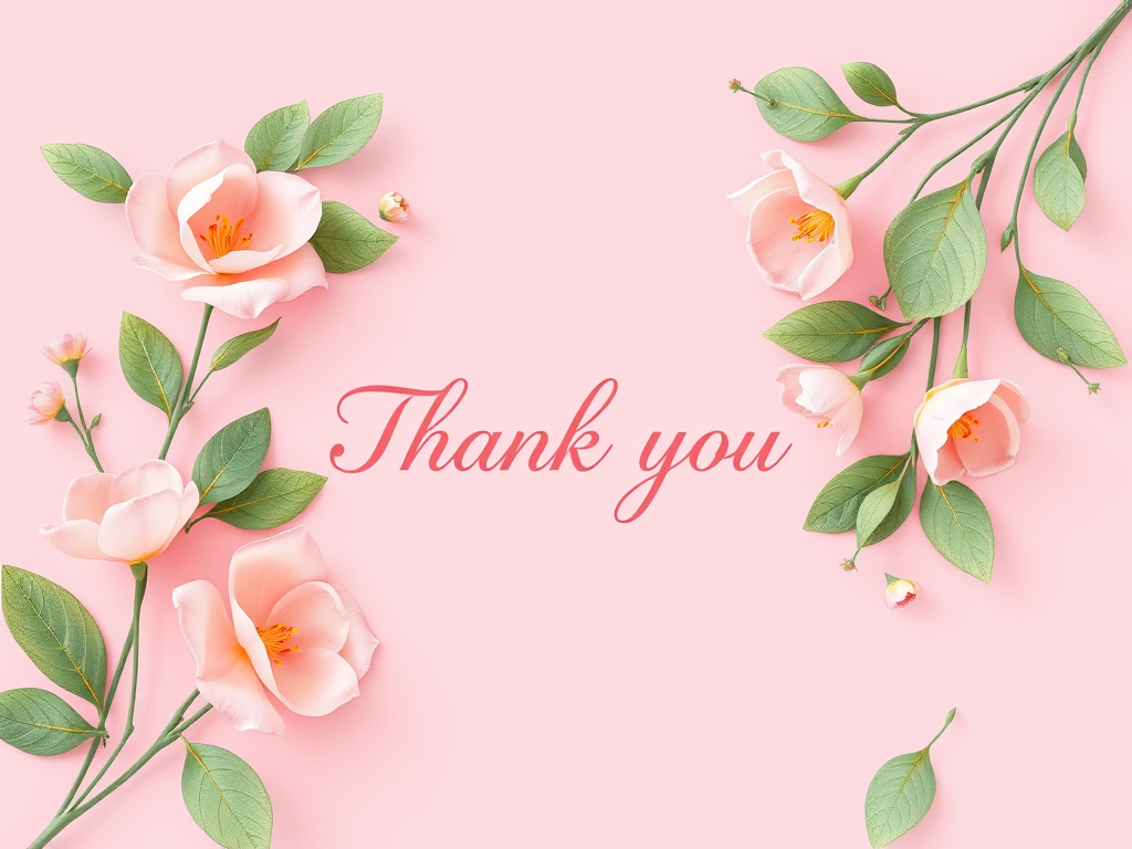 Create an illustration featuring a floral design with soft pink flowers and green leaves on a pastel pink background, centered text saying "Thank you" in an elegant script, high-resolution digital art style, shot with a Canon EOS R6, 50mm lens, f/1.8 aperture, and soft natural lighting.
