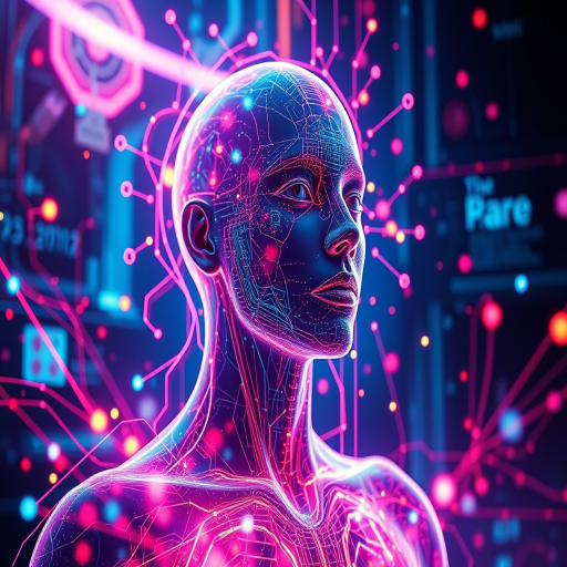 Create an ethereal, glowing digital human figure surrounded by abstract tech elements, 50mm lens, f/1.8 aperture, ISO 100, 1/60 sec shutter speed, captured in a high dynamic range style with vibrant neon colors.