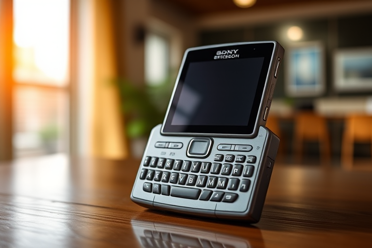Create a high-resolution image of a Sony Ericsson smartphone with a slide-out keyboard, captured using a DSLR camera with a 50mm lens at f/1.8 aperture, ISO 100, and a shallow depth of field, in a well-lit indoor setting.