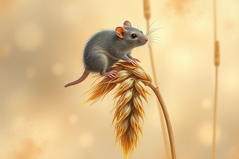 Soft, muted Alcohol Ink with ebru effect background image of tiny whimsical rat, who climbed high on the top of a golden rye ear.